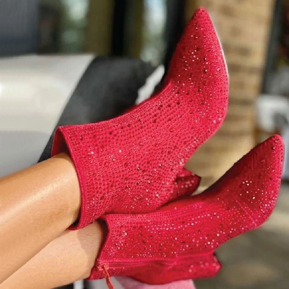 NEW🔥 Red Rhinestone Crystal Block High Heel Ankle Boots Booties Pointed Toe Zip - Picture 2 of 3